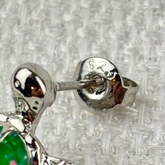 925 Sterling Silver Plated Green Pink Blue Fire Opal Sea Turtle Stud Earrings - Picture 9 of 9